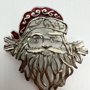 Vintage Santa Clause Brooch Pin with Rhinestone Eyes Silver Tone Holiday Piece